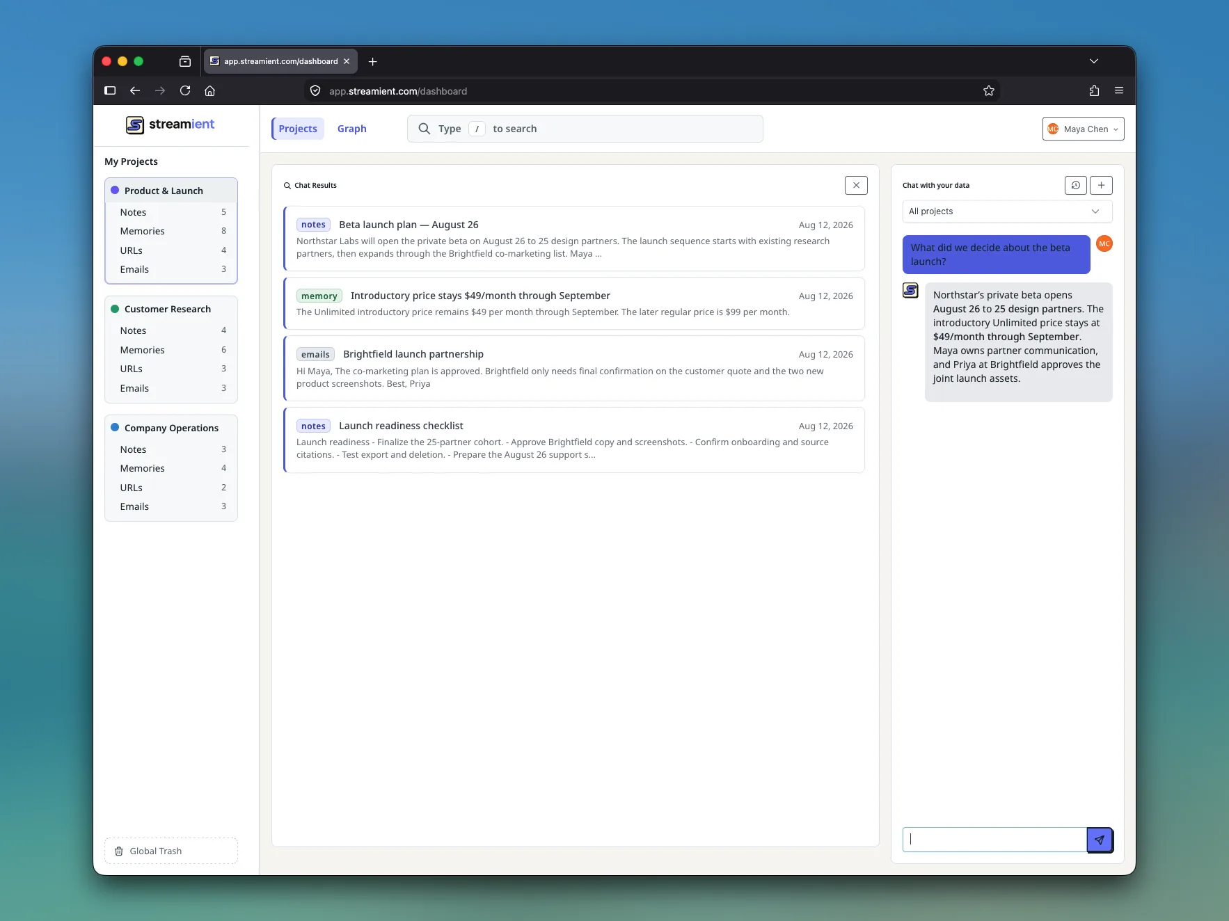 Streamient shared memory workspace showing a source-backed answer