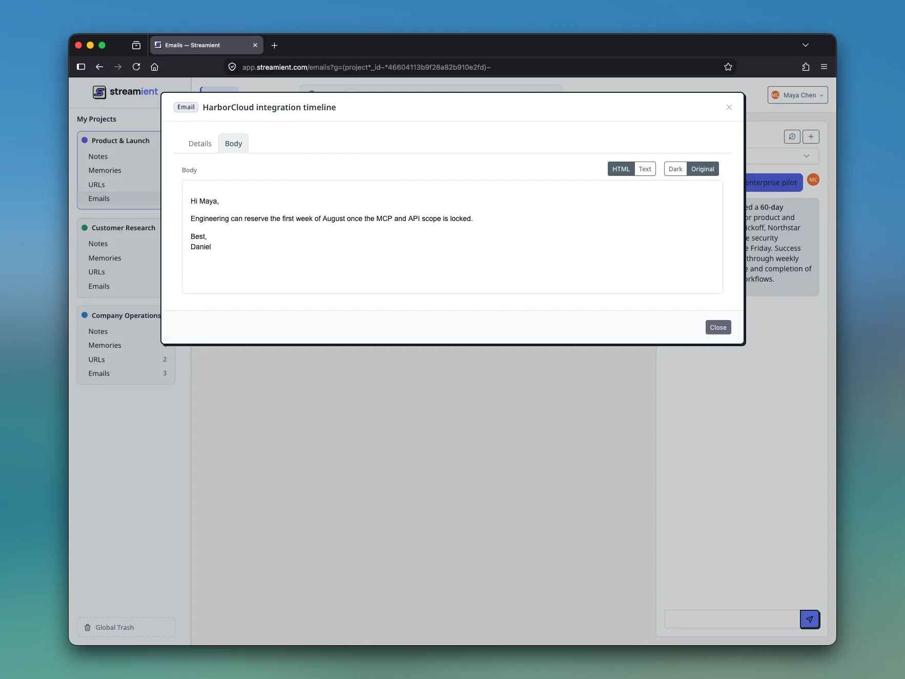 Streamient stored email detail showing reusable source context