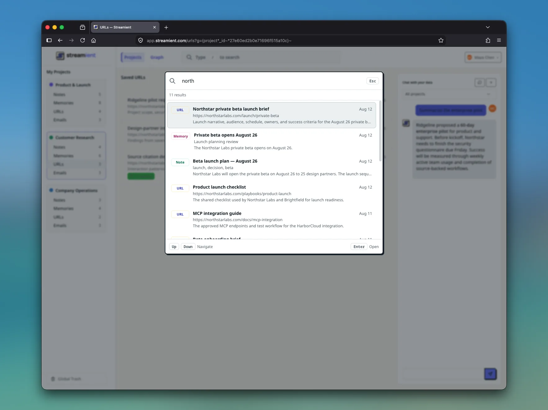 Streamient search across saved URLs, notes, and memories