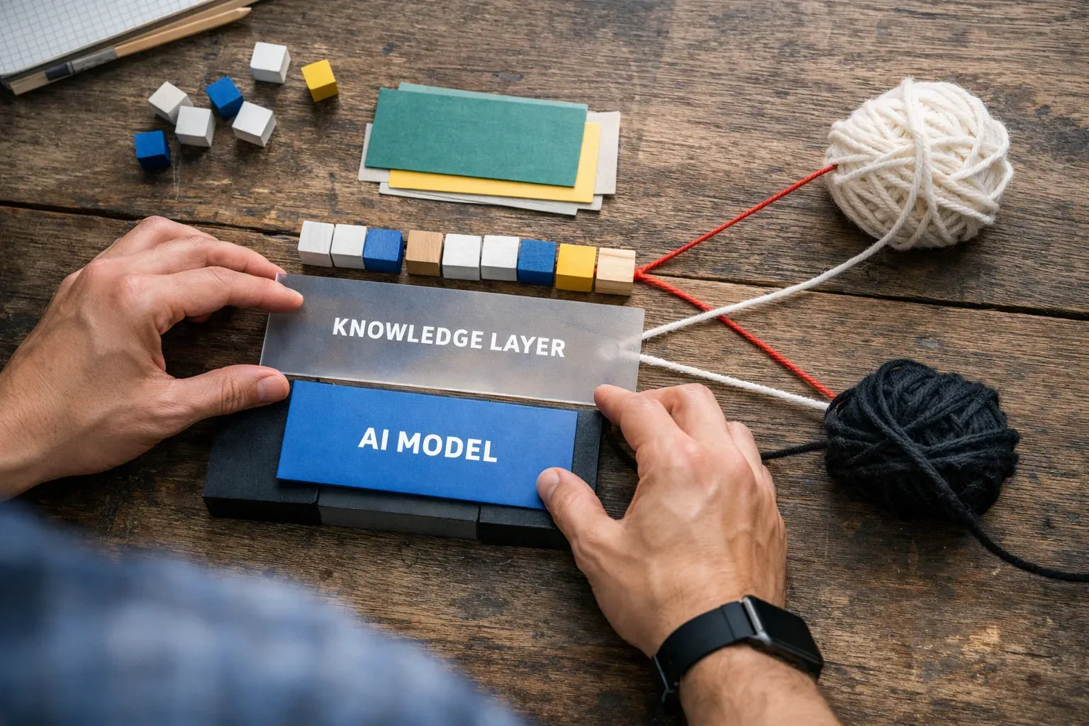 Editorial photograph illustrating Where Streamient fits in the agent stack Streamient is not trying to replace the model. It sits in front of the model as the durable knowledge layer.
