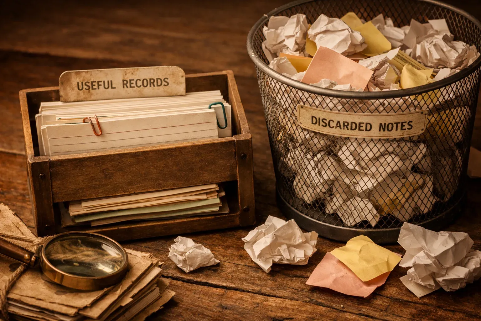Editorial photograph illustrating Store useful records, not an indiscriminate transcript  Memory quality starts with what gets written. If an agent saves every exchange, it creates a larger retrieval problem and in