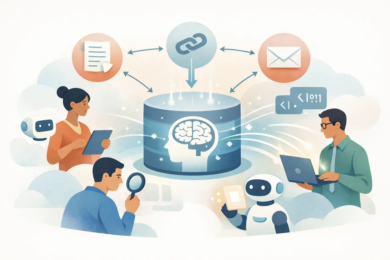 A team shares notes, links, emails, and code through a central memory that connects to AI tools.