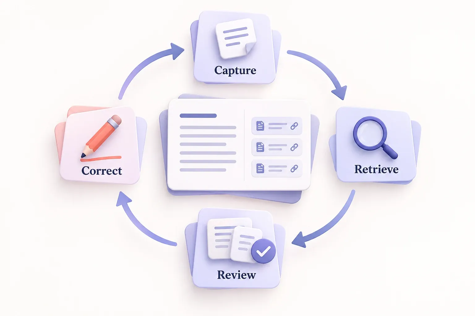 A shared decision and its evidence sit inside a cycle of capture, retrieve, review, and correct.